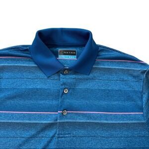 PGA Tour Men's Medium M Blue Striped Golf Polo Shirt Short Sleeve